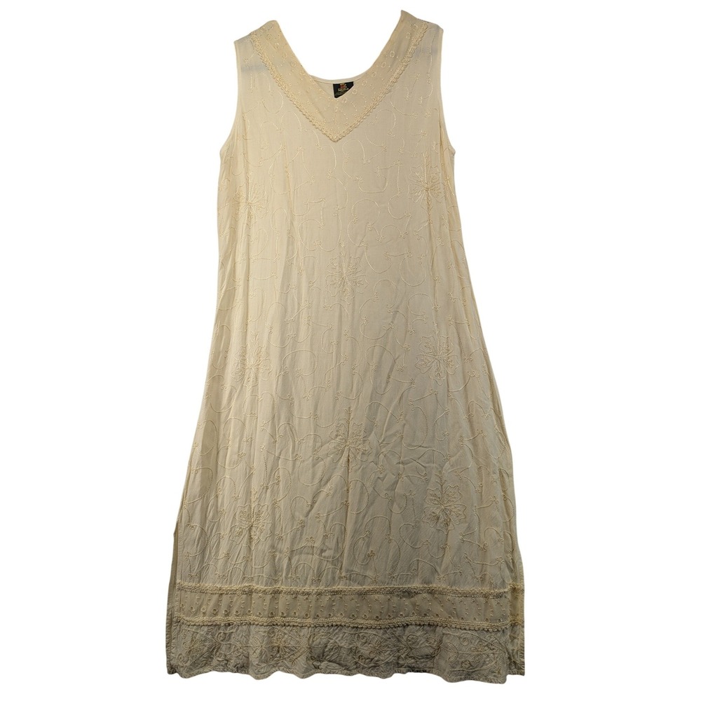 Rima Cream Embroidered Sleeveless Maxi‎ Dress XL Lace Trim Back Tie Viscose Boho